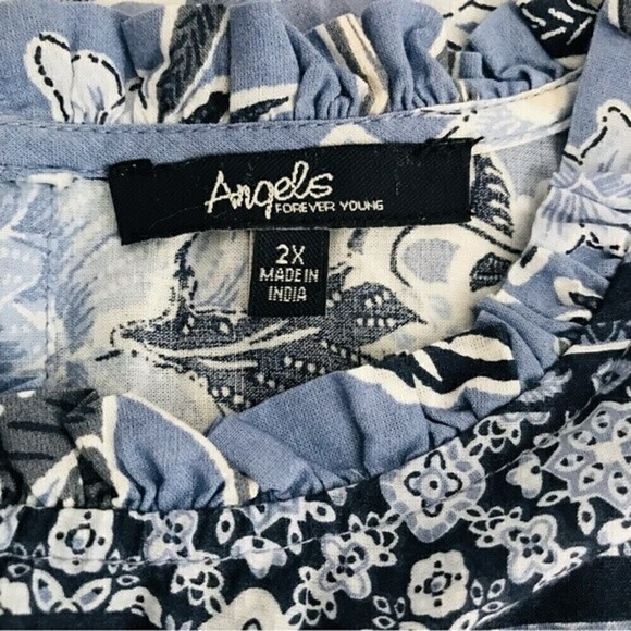 New! Angels Blue Floral Sleeveless Peasant High Neck Cotton Top - Picture 7 of 9